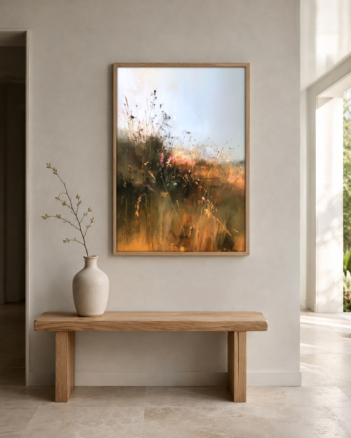 At Golden Hour sunset meadow wall art displayed in a home interior