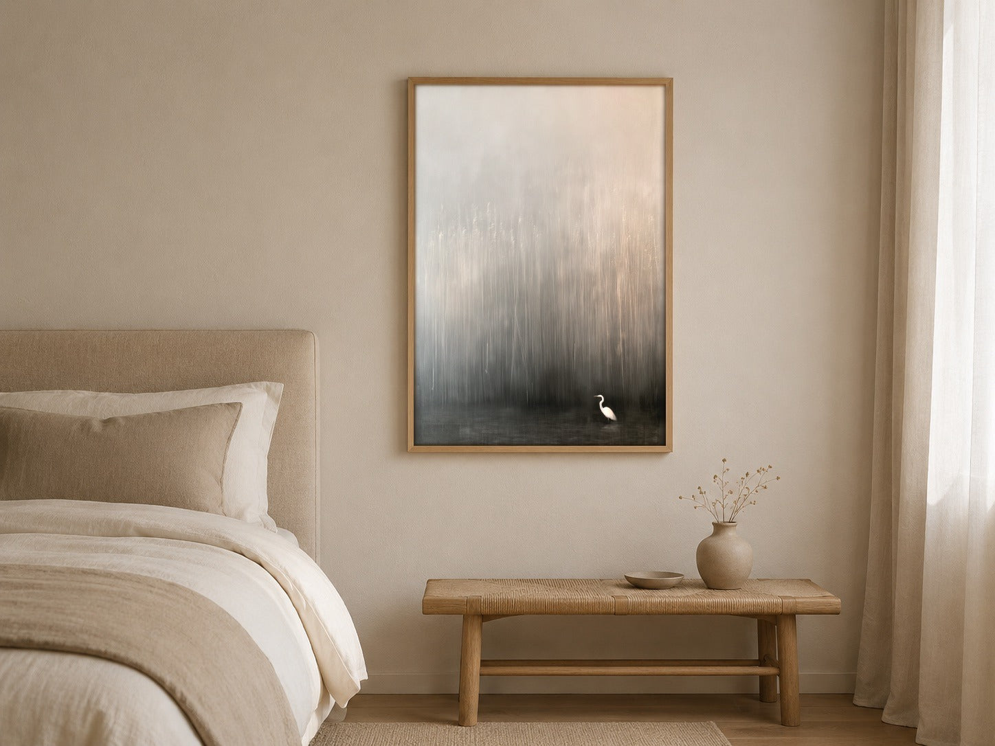 Heron in the Quiet heron wall art, framed in a styled interior