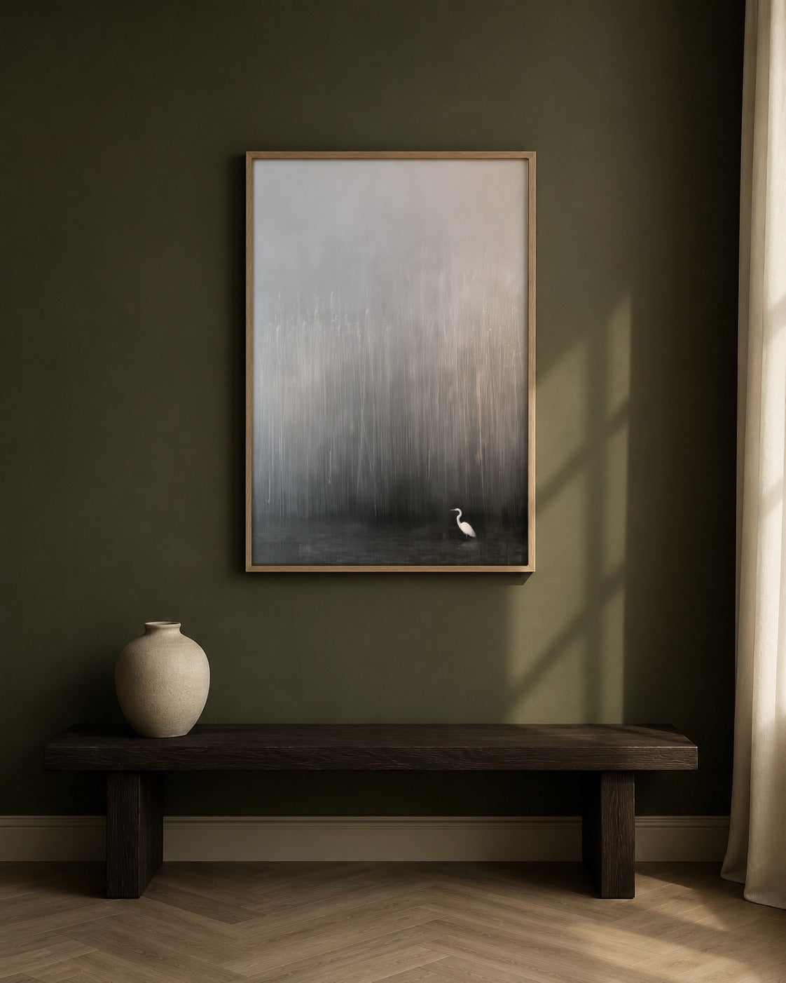 Heron in the Quiet framed bird artwork in a contemporary interior