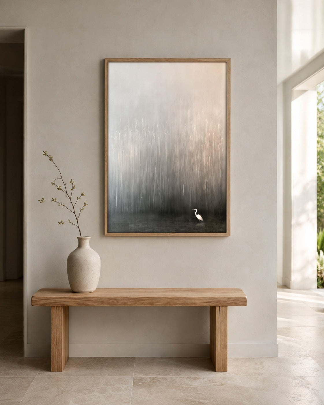 Heron in the Quiet misty heron wall art in a home interior