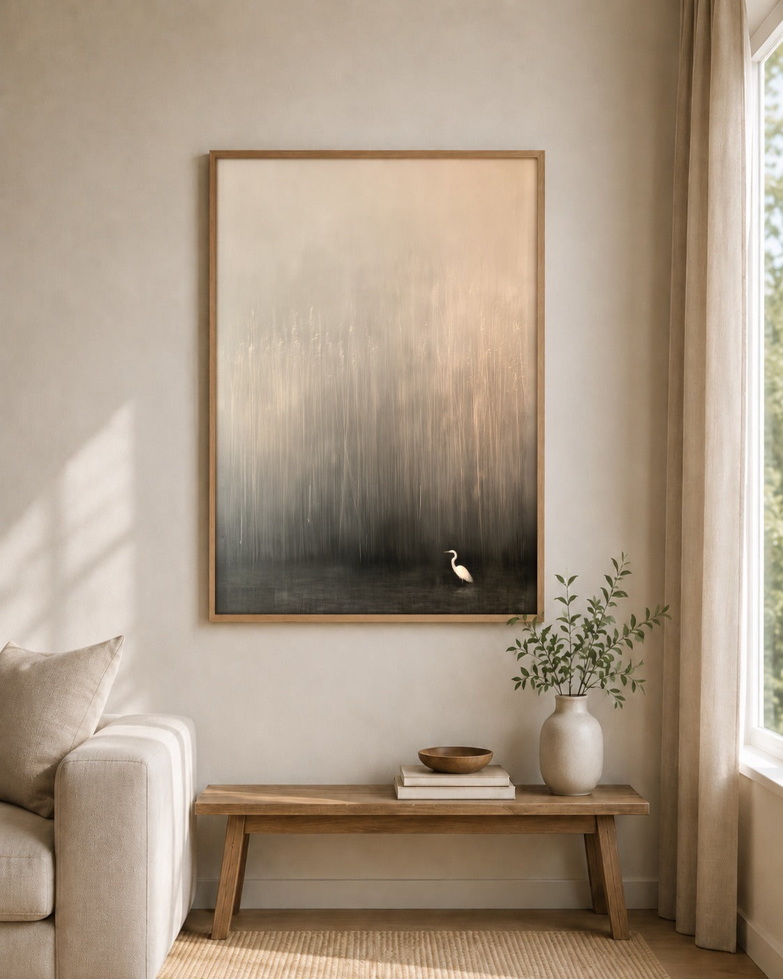Heron in the Quiet framed wall art styled on an interior wall