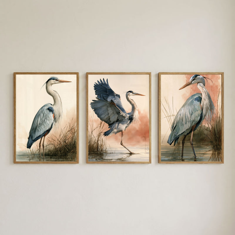 Set of three heron wall art prints in natural oak frames