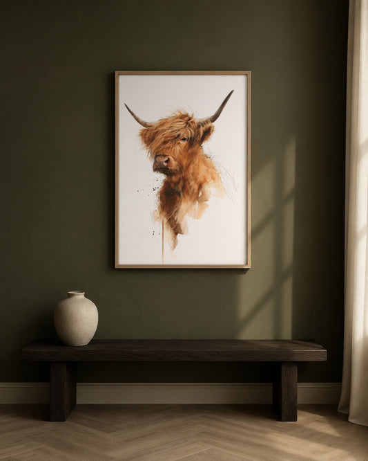 Highland Cow watercolour animal print, framed in a styled interior