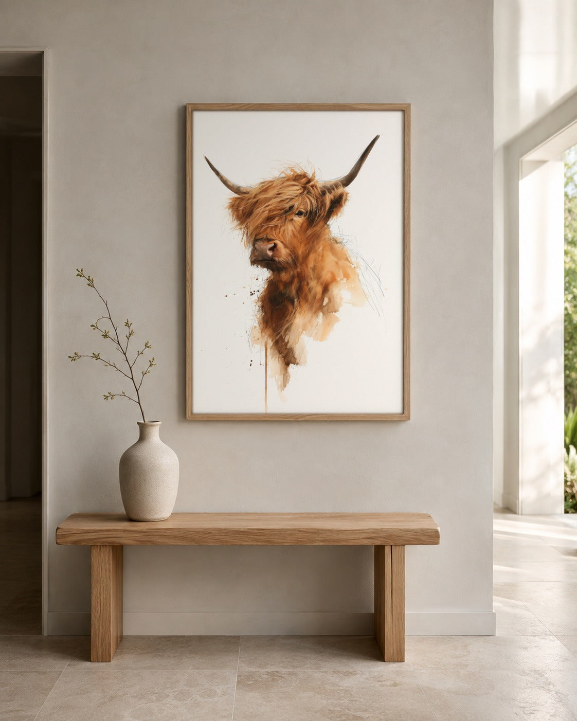 Highland Cow framed watercolour artwork in a contemporary interior