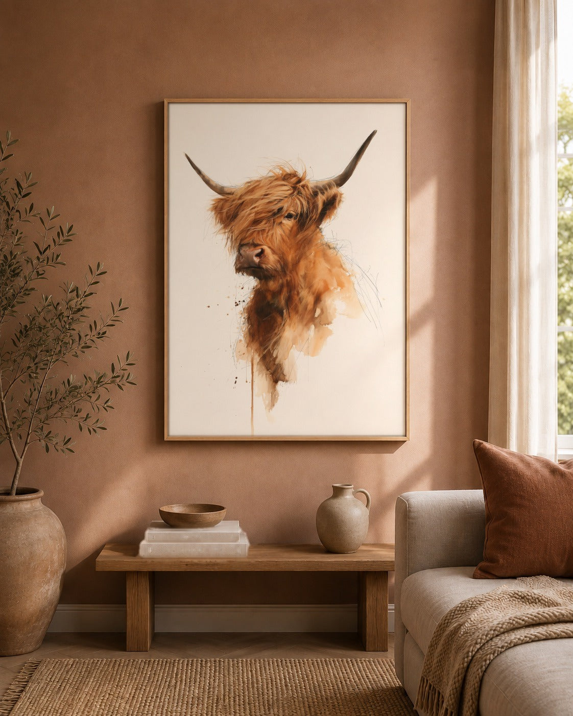 Highland Cow framed wall art styled on an interior wall