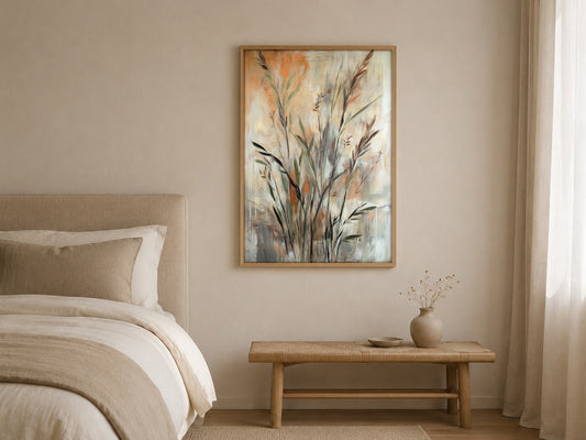 Hushed Horizon botanical abstract wall art, framed in a styled interior
