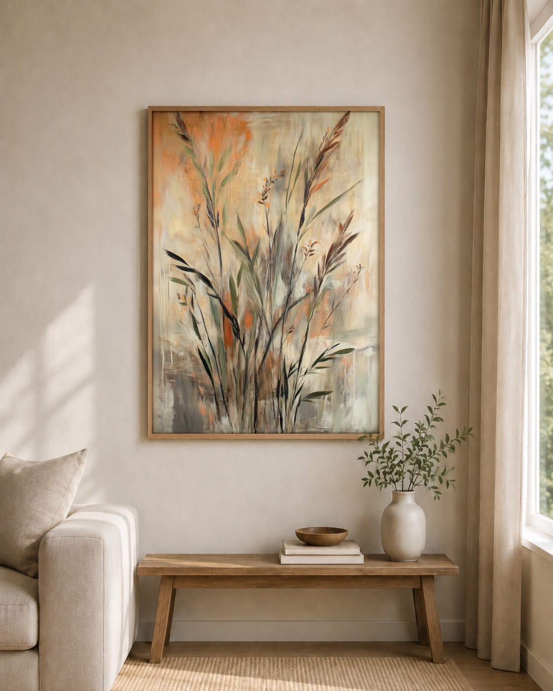 Hushed Horizon framed wall art styled on an interior wall