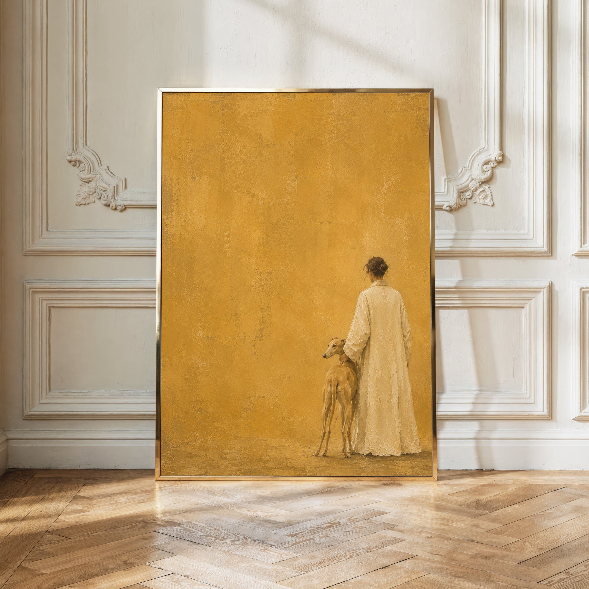Fine art painting of a woman in a cream robe standing with her greyhound in a field of gold, seen from behind.