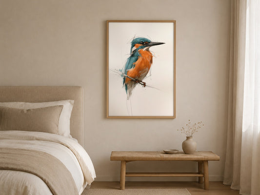 Kingfisher watercolour wildlife print, framed in a styled interior