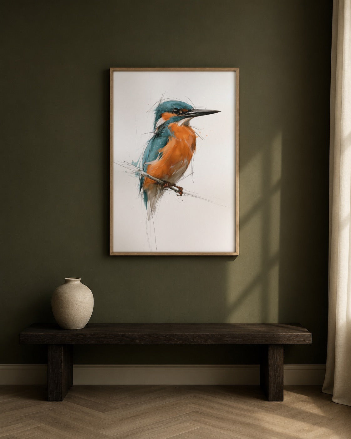 Kingfisher framed watercolour artwork in a contemporary interior