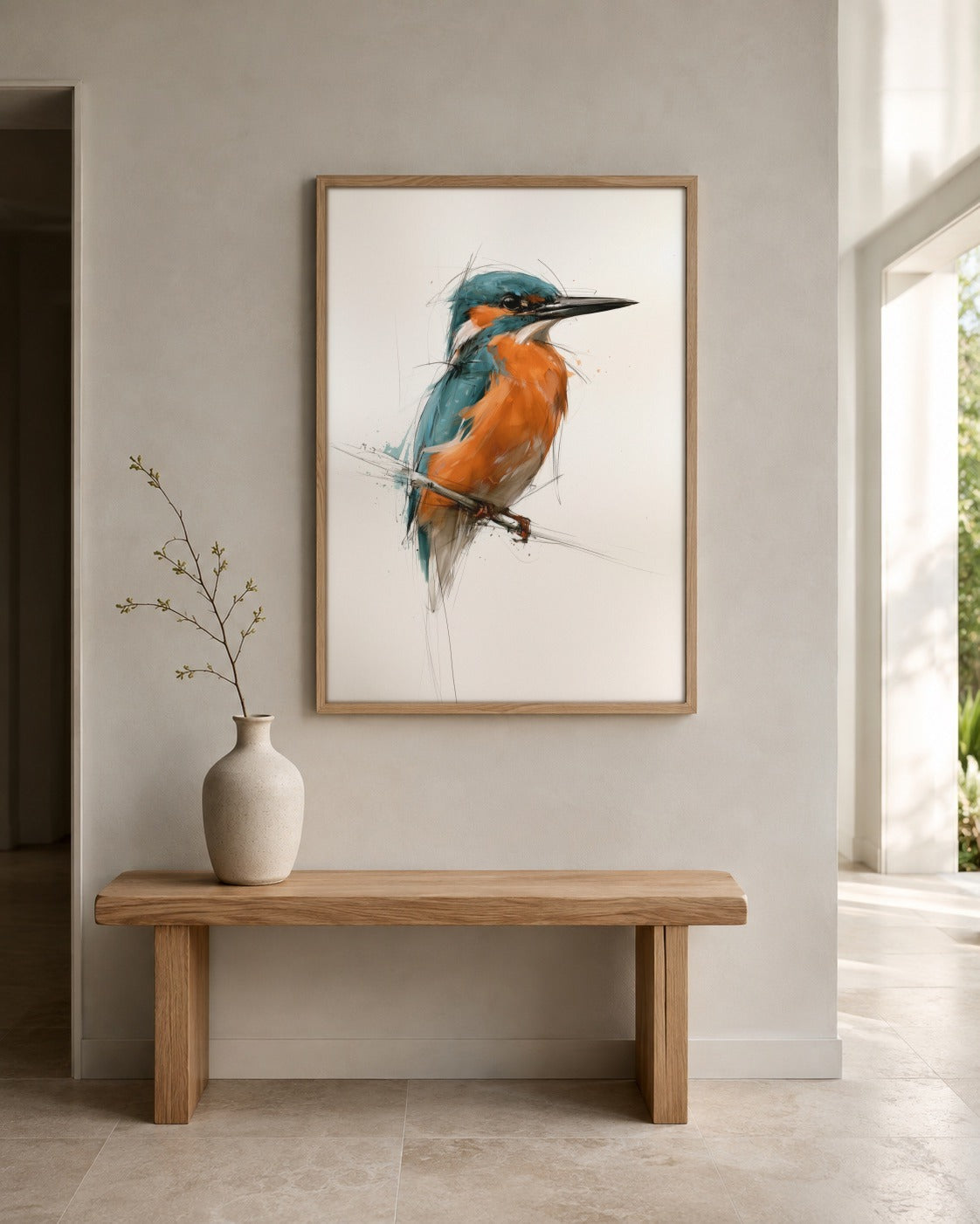 Kingfisher bird wall art displayed in a home interior
