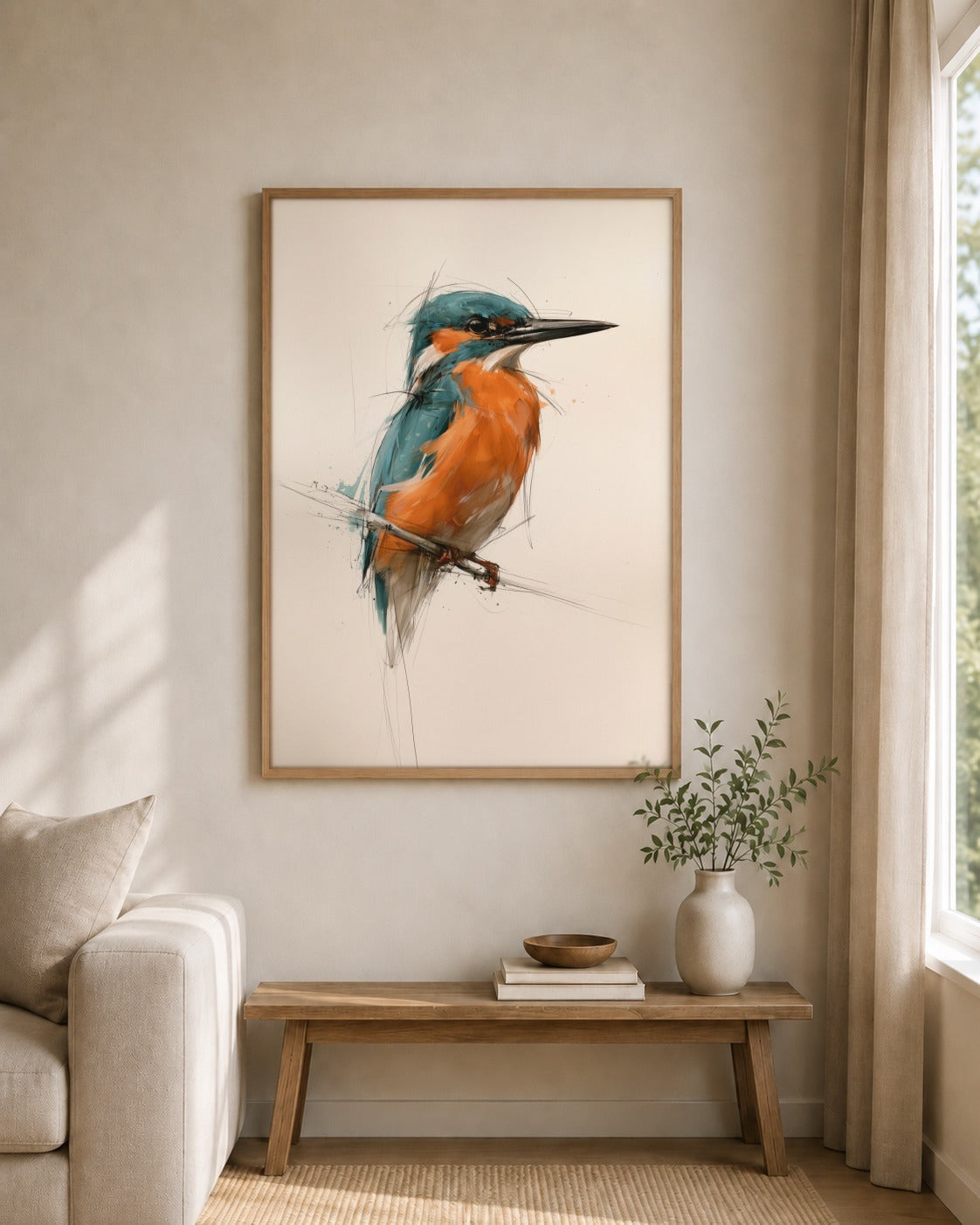Kingfisher framed wall art styled on an interior wall