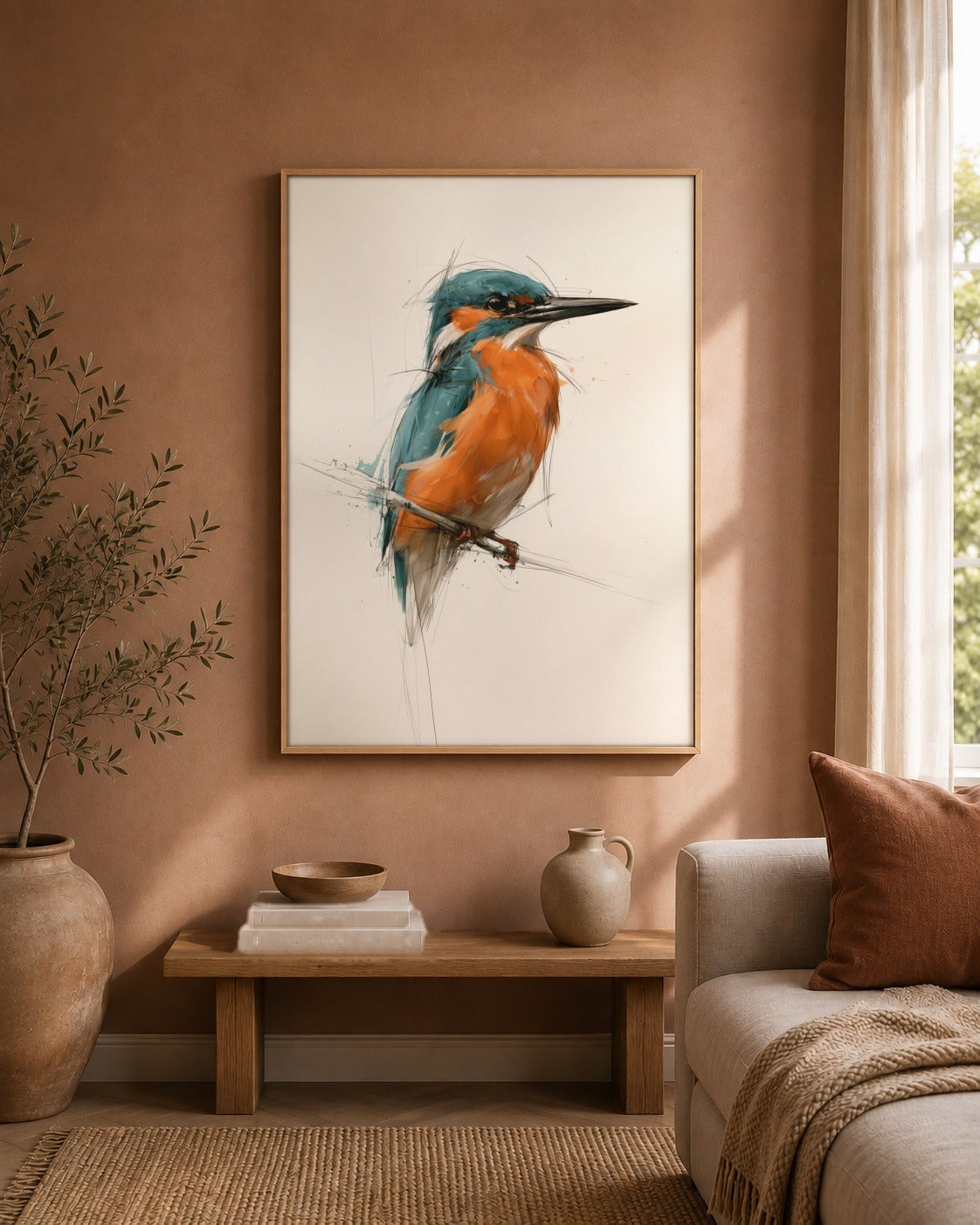 Kingfisher watercolour bird artwork interior view