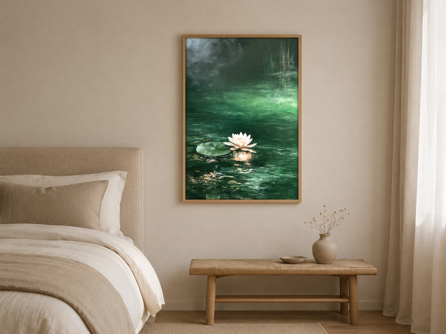 The Floating Bloom pink water lily wall art, framed in a styled interior