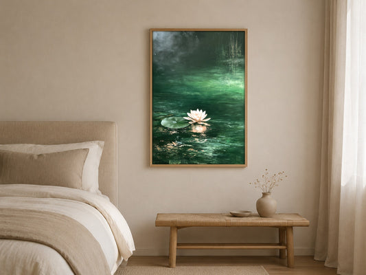 The Floating Bloom pink water lily wall art, framed in a styled interior
