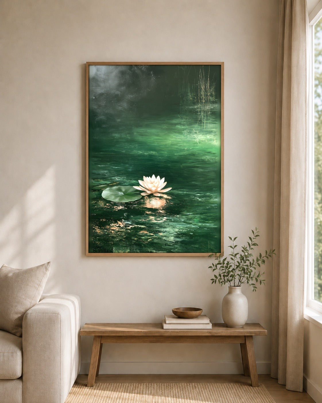The Floating Bloom framed wall art styled on an interior wall