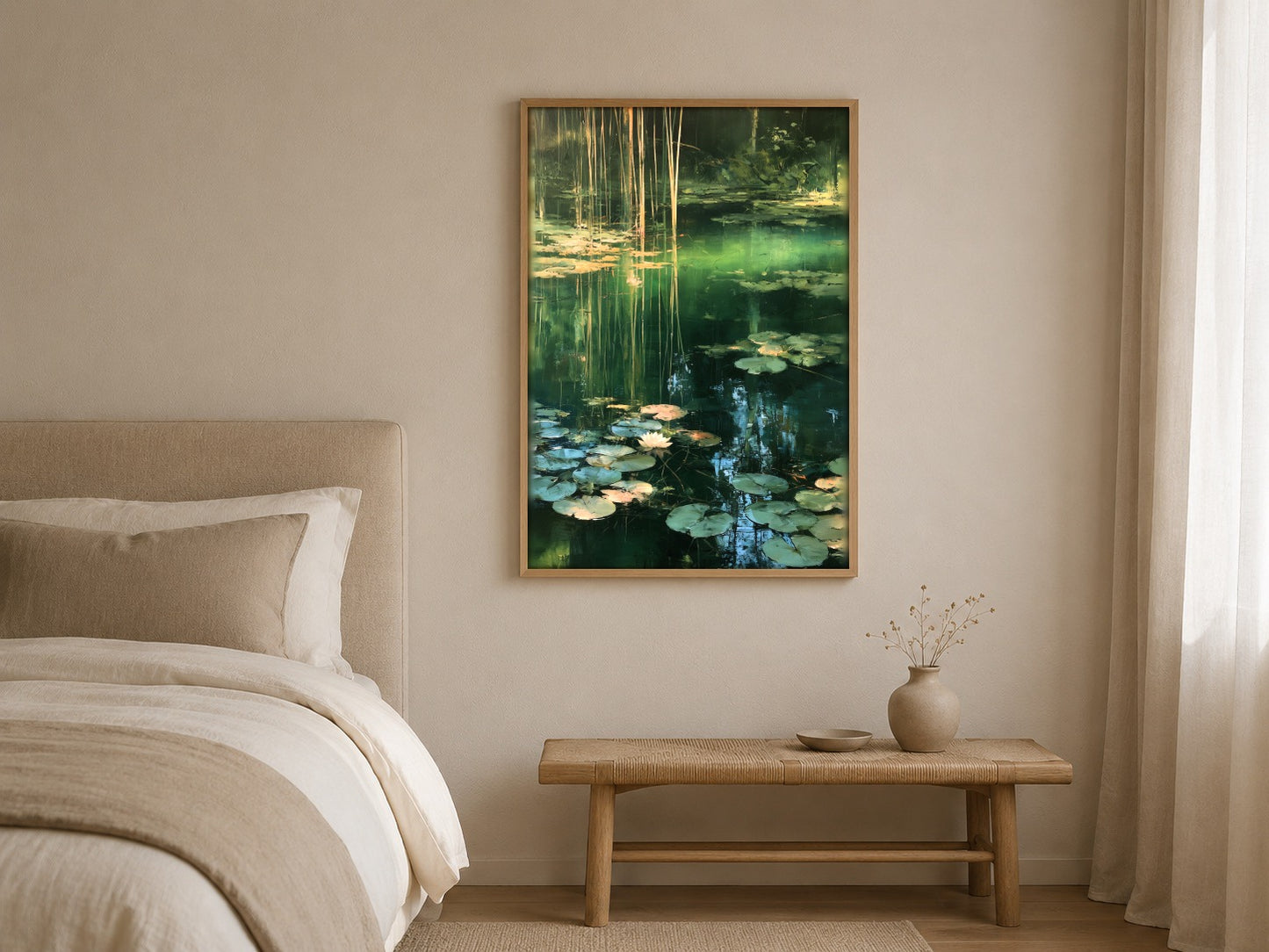 The Lily Pond water lily wall art, framed in a styled interior