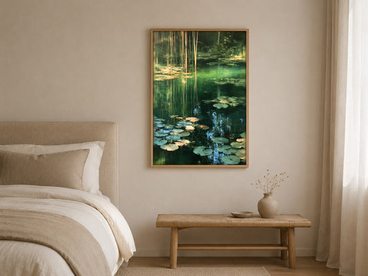 The Lily Pond water lily wall art, framed in a styled interior