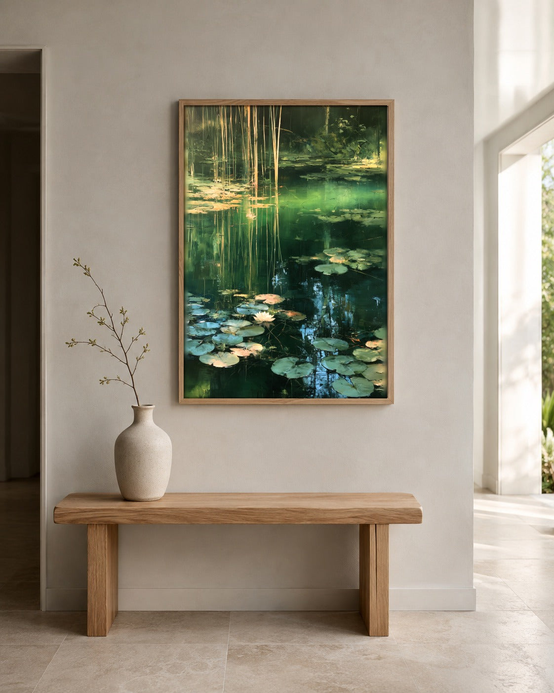 The Lily Pond green water lily wall art displayed in a home interior
