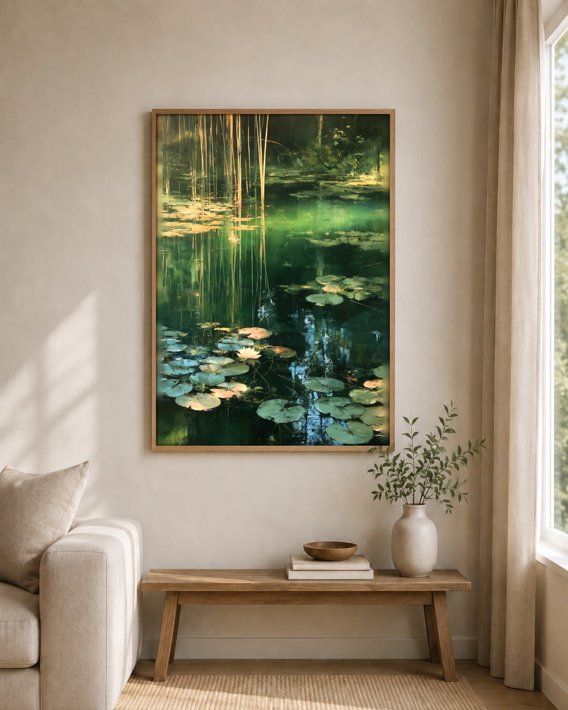 The Lily Pond framed wall art styled on an interior wall