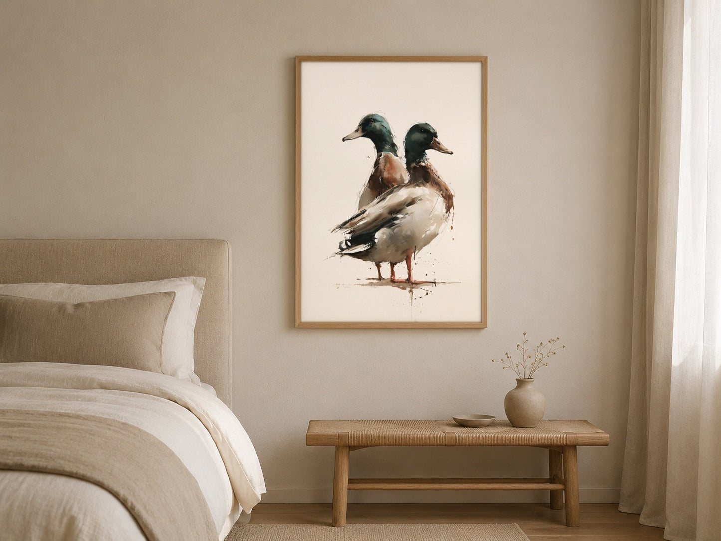Mallard Ducks watercolour bird print, framed in a styled interior