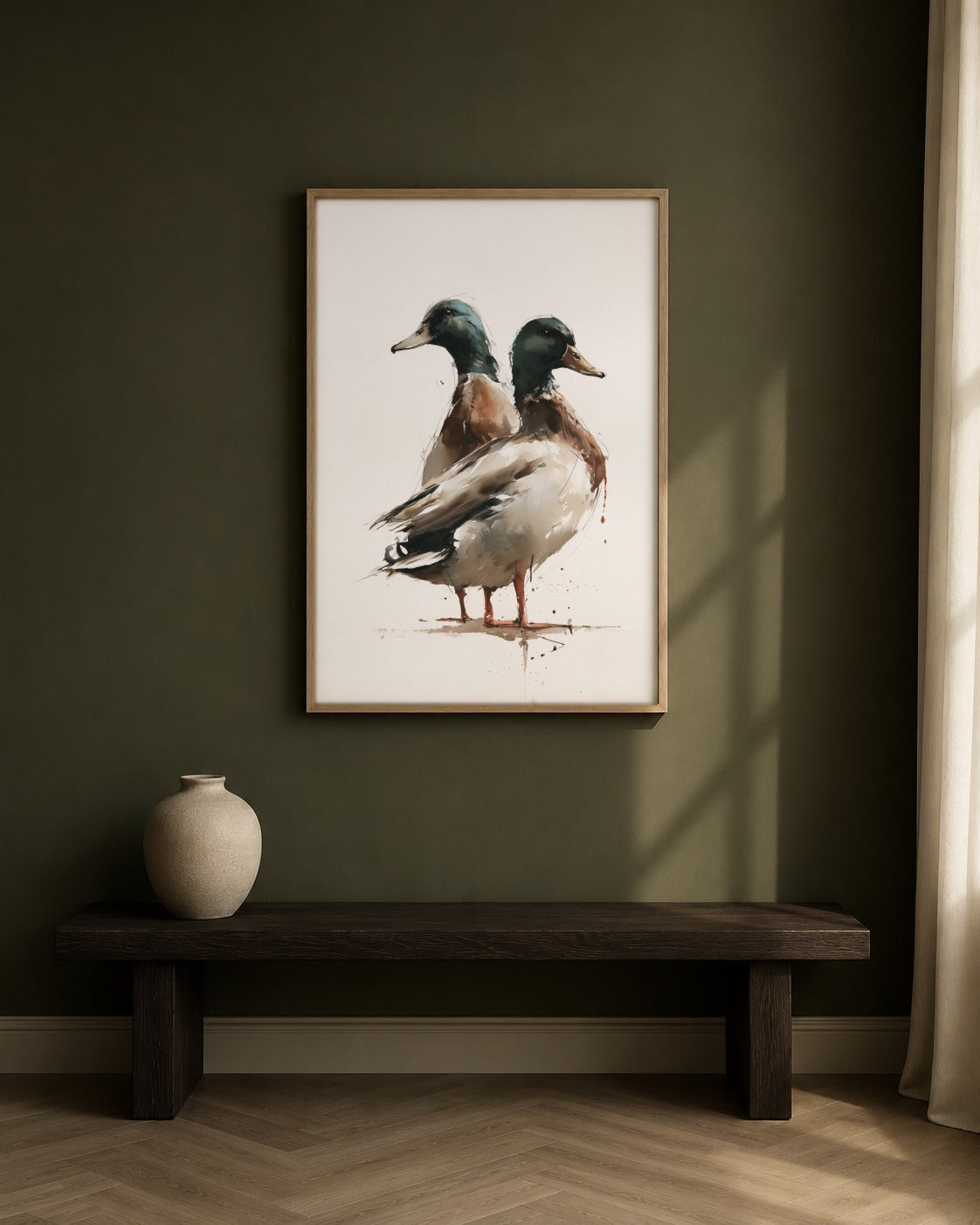 Mallard Ducks framed watercolour artwork in a contemporary interior