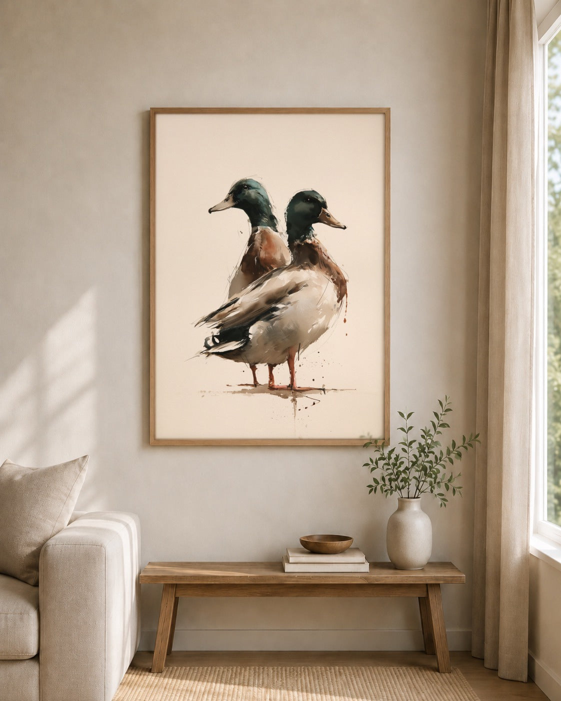 Mallard Ducks framed wall art styled on an interior wall
