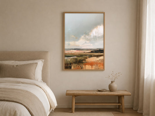 Across the Marsh coastal marsh wall art, framed in a styled interior