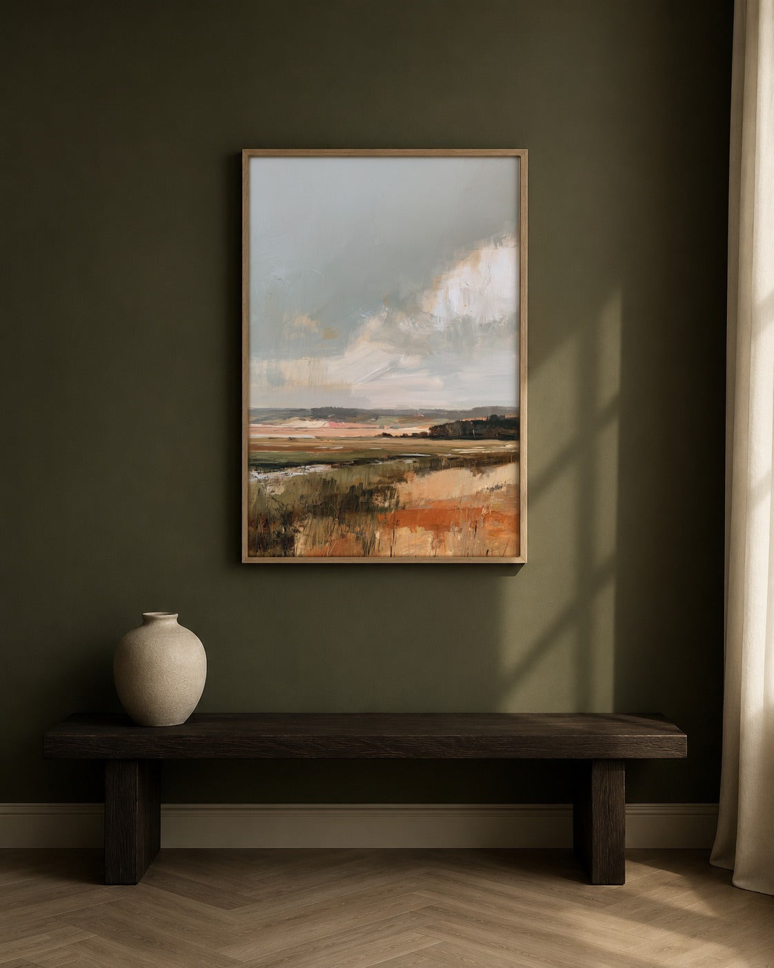 Across the Marsh framed landscape artwork in a contemporary interior