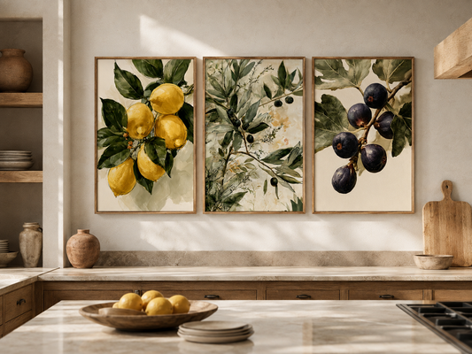 Mediterranean Kitchen Garden set of 3 botanical wall art prints in a warm neutral kitchen