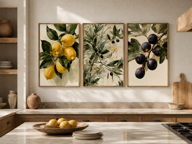 Mediterranean Kitchen Garden set of 3 botanical wall art prints in a warm neutral kitchen