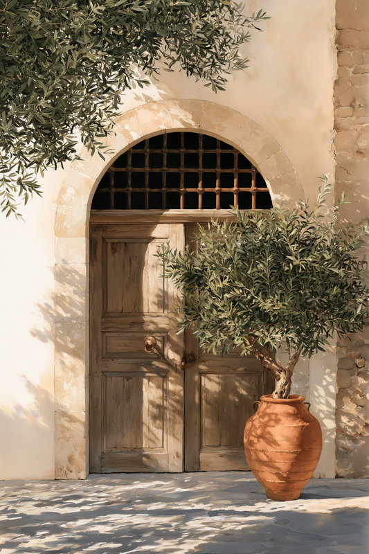 Mediterranean Olive Doorway watercolor wall art print by Daisy & Co
