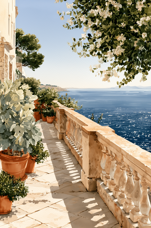 Mediterranean Sea Terrace watercolor wall art print by Daisy & Co