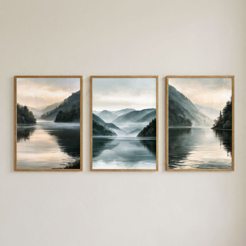 Set of three misty mountain lake wall art prints in natural oak frames