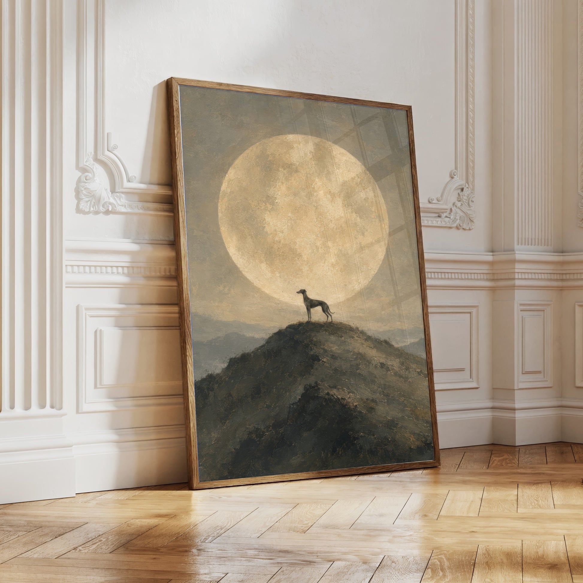 Fine art painting of a greyhound standing on a hilltop beneath a large gold full moon in a dark night sky.
