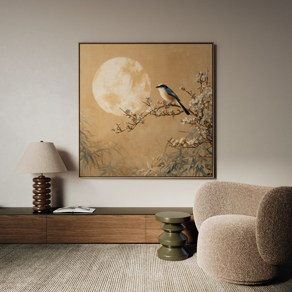 Moonlit Blossom square Japanese inspired bird canvas wall art by Daisy & Co