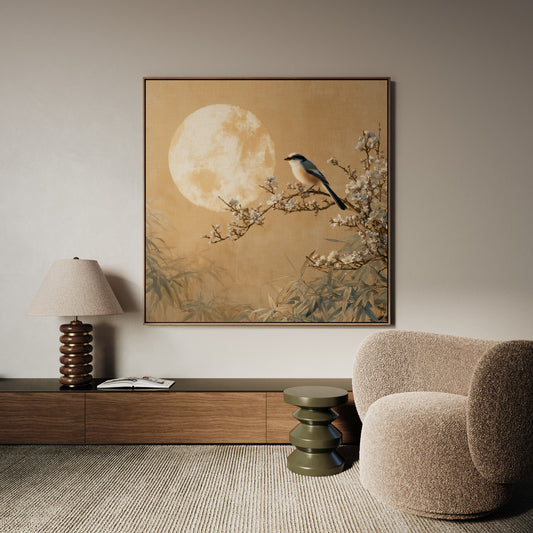 Moonlit Blossom square Japanese inspired bird canvas wall art by Daisy & Co