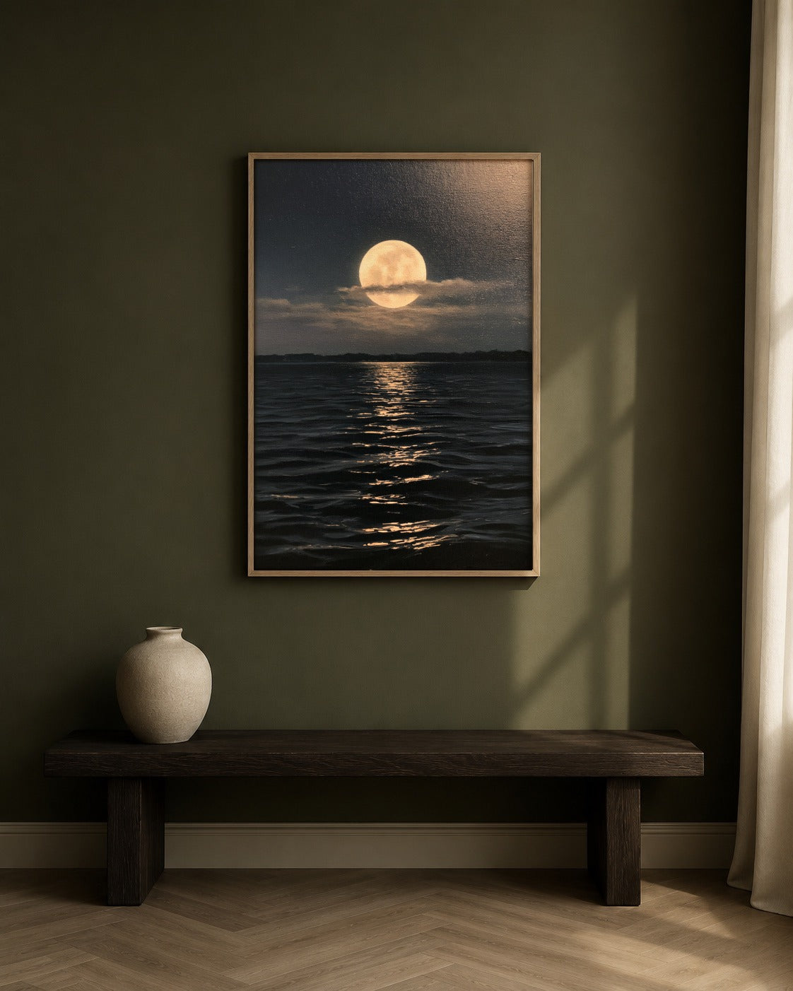 Where Light Rests moon over water artwork in a home interior