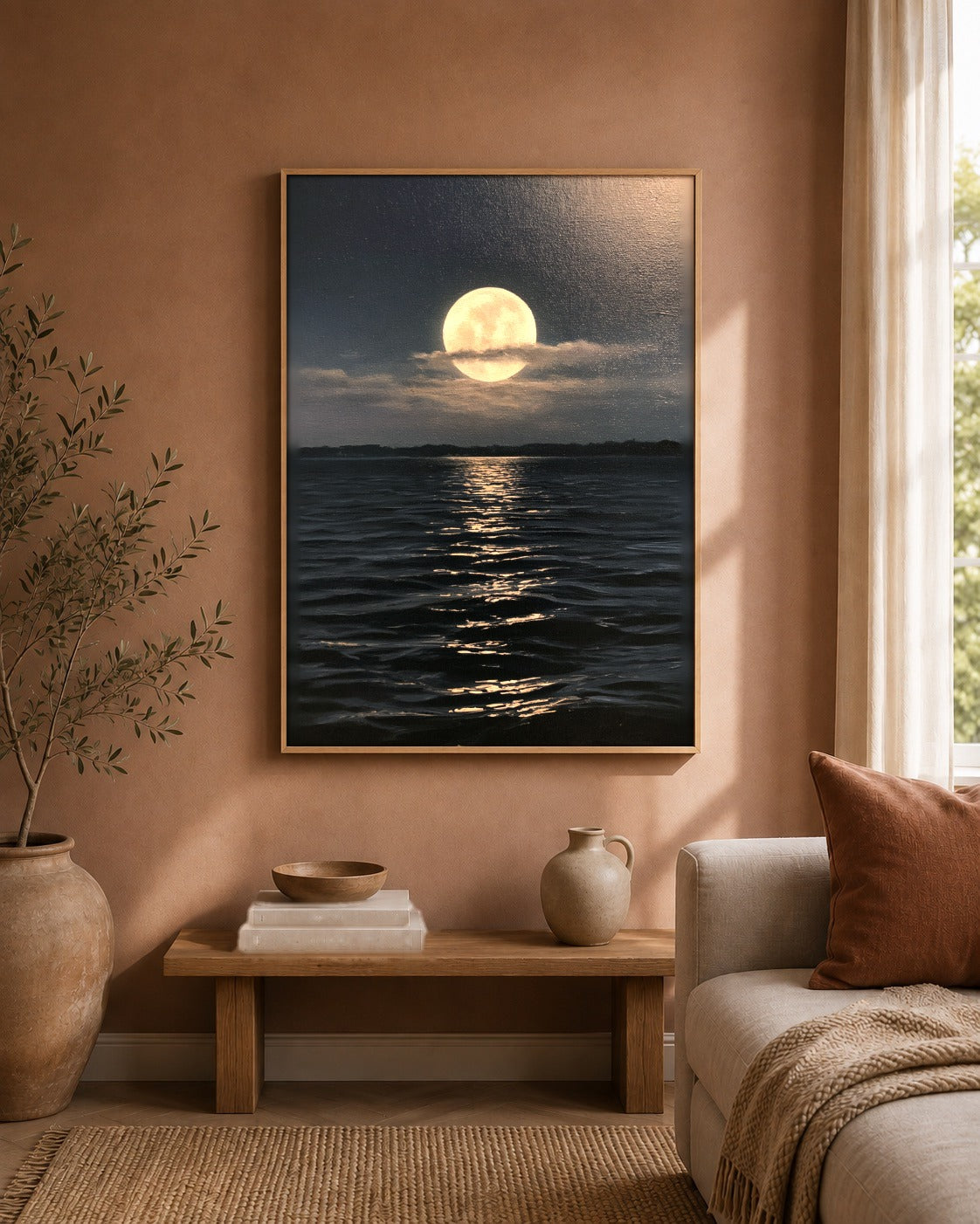 Where Light Rests moon over water wall art, framed in a styled interior
