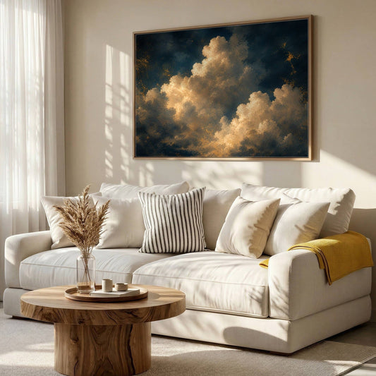 Painterly fine art canvas of gold-lit clouds against a deep navy night sky
