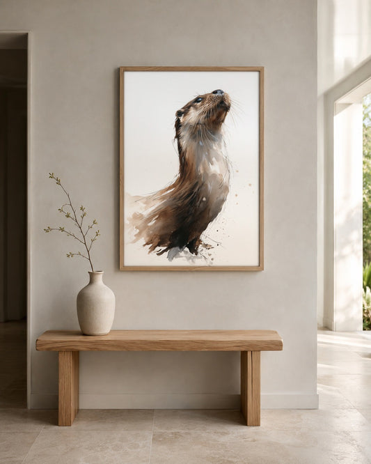Otter watercolour wildlife print, framed in a styled interior