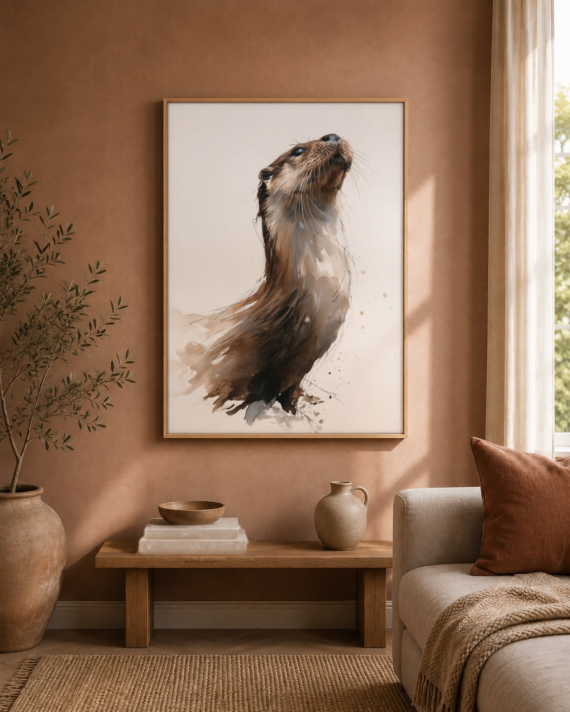 Otter framed watercolour artwork in a contemporary interior