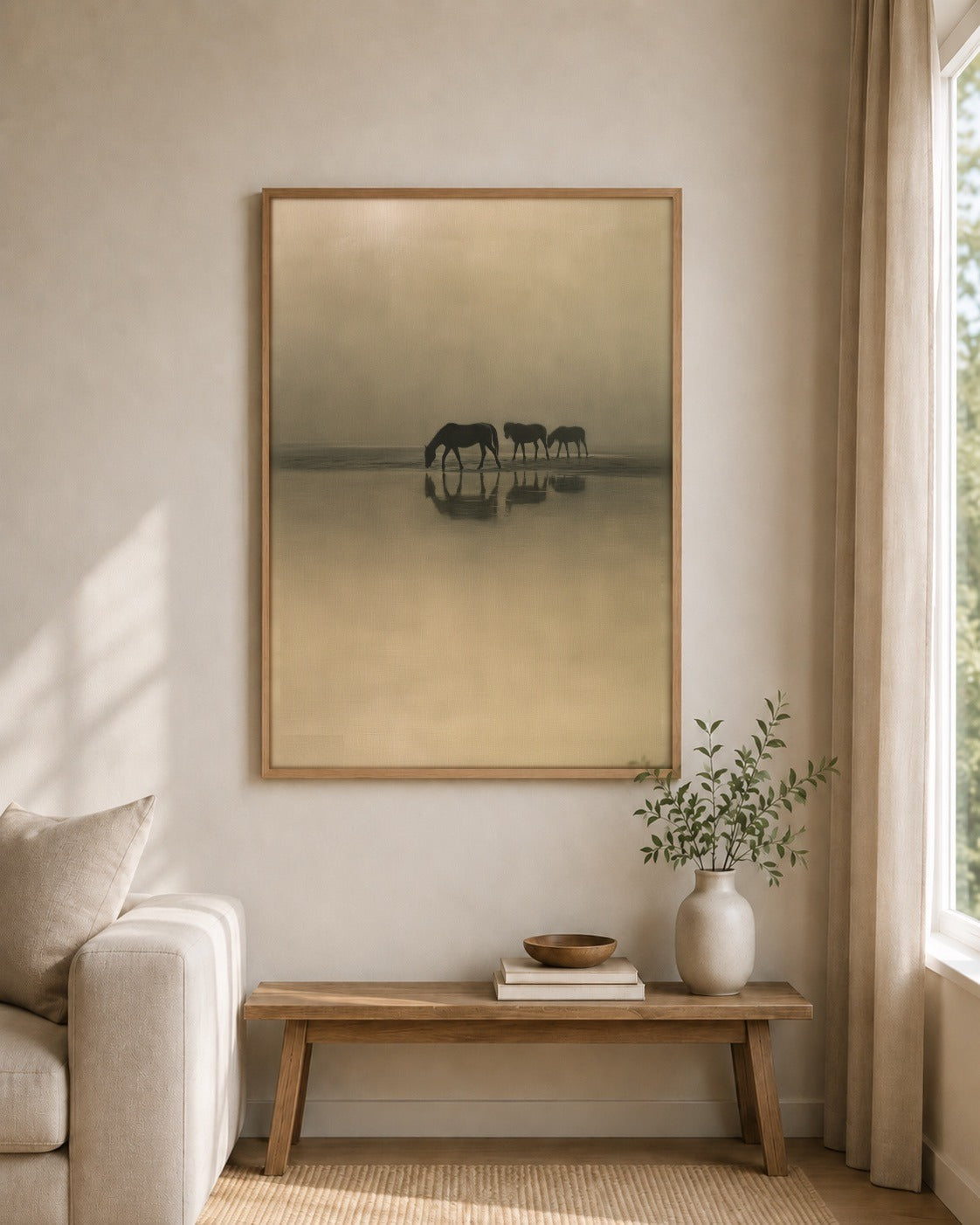 The Watering Place horses wall art displayed in a home interior