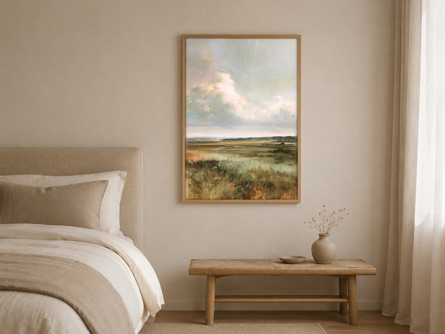 The Open Marsh wetland landscape wall art, framed in a styled interior