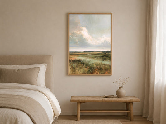 The Open Marsh wetland landscape wall art, framed in a styled interior