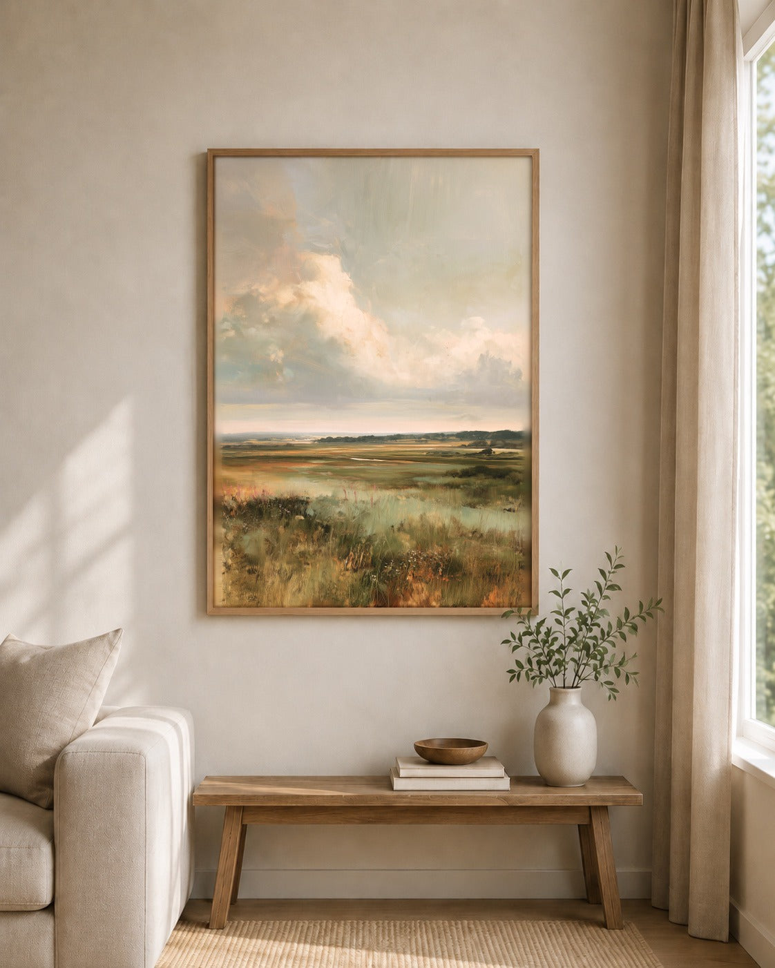 The Open Marsh framed wall art styled on an interior wall