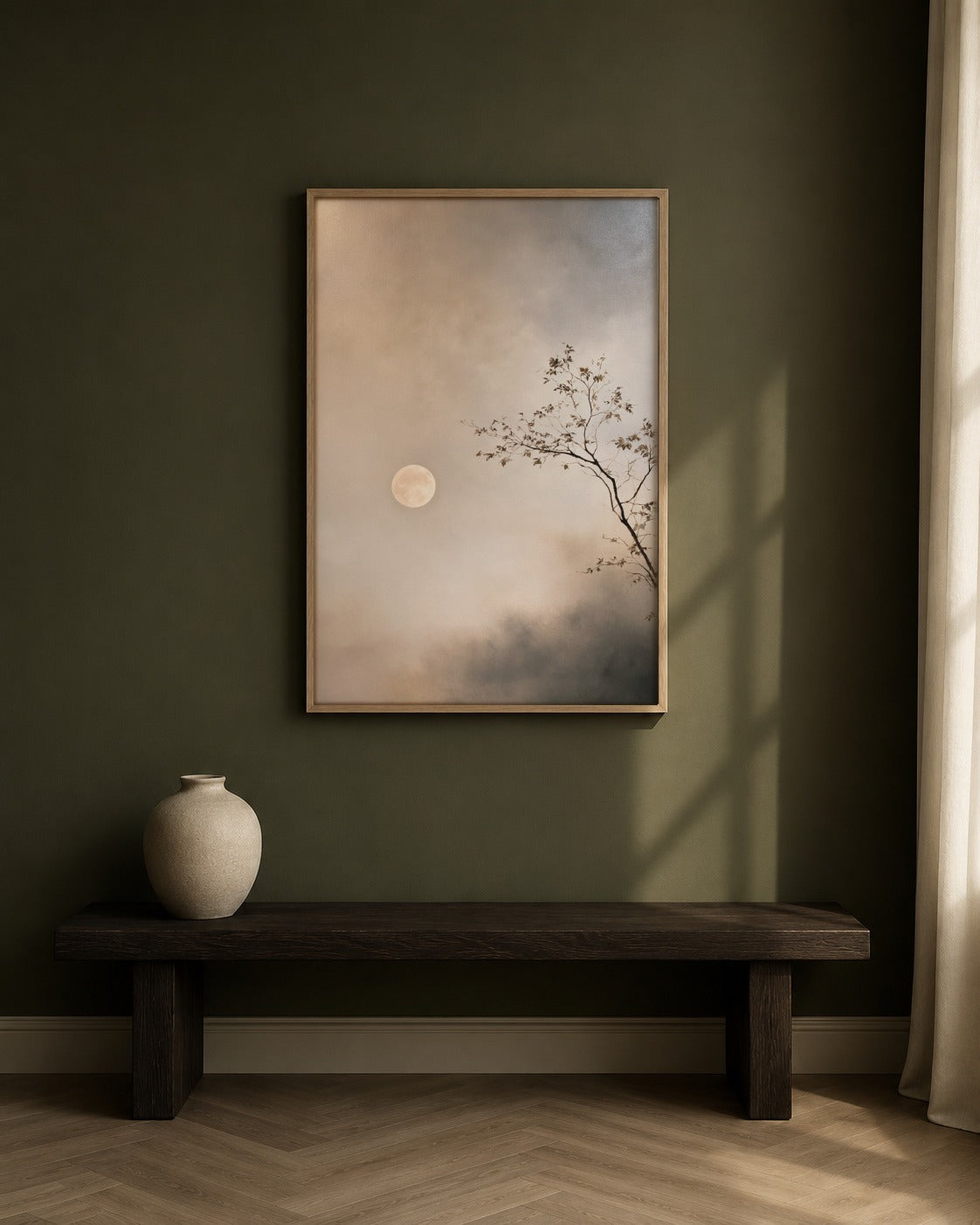 Moon Through Mist framed wall art styled on an interior wall