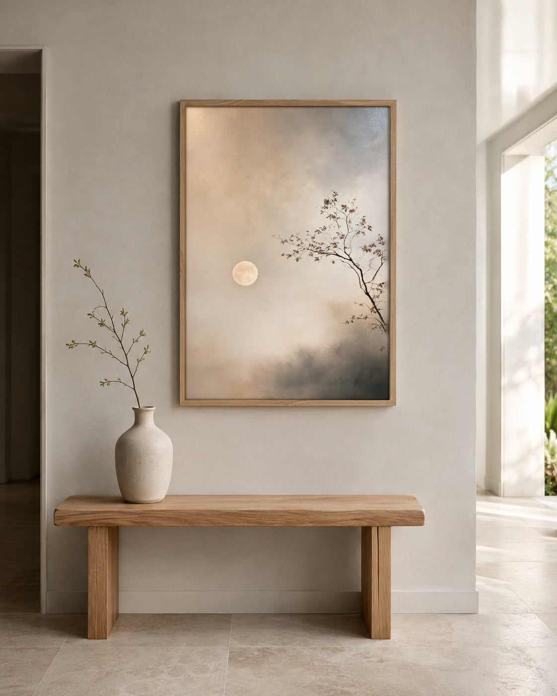 Moon Through Mist neutral moon artwork displayed in a home interior