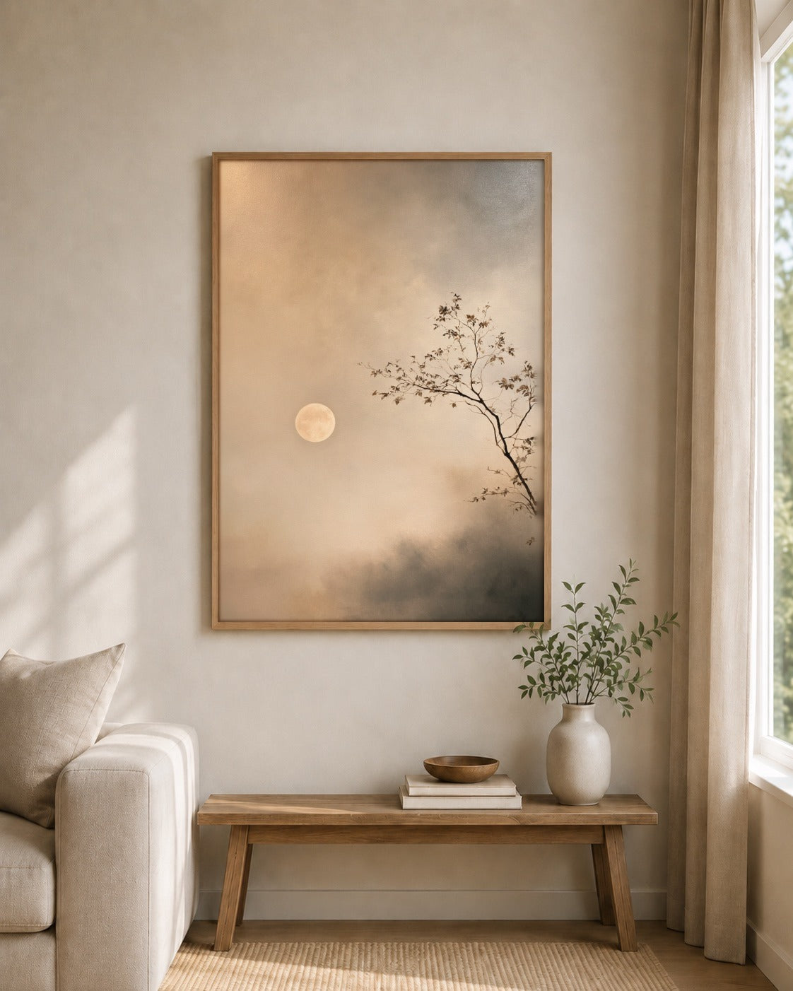 Moon Through Mist neutral moon wall art, framed in a styled interior