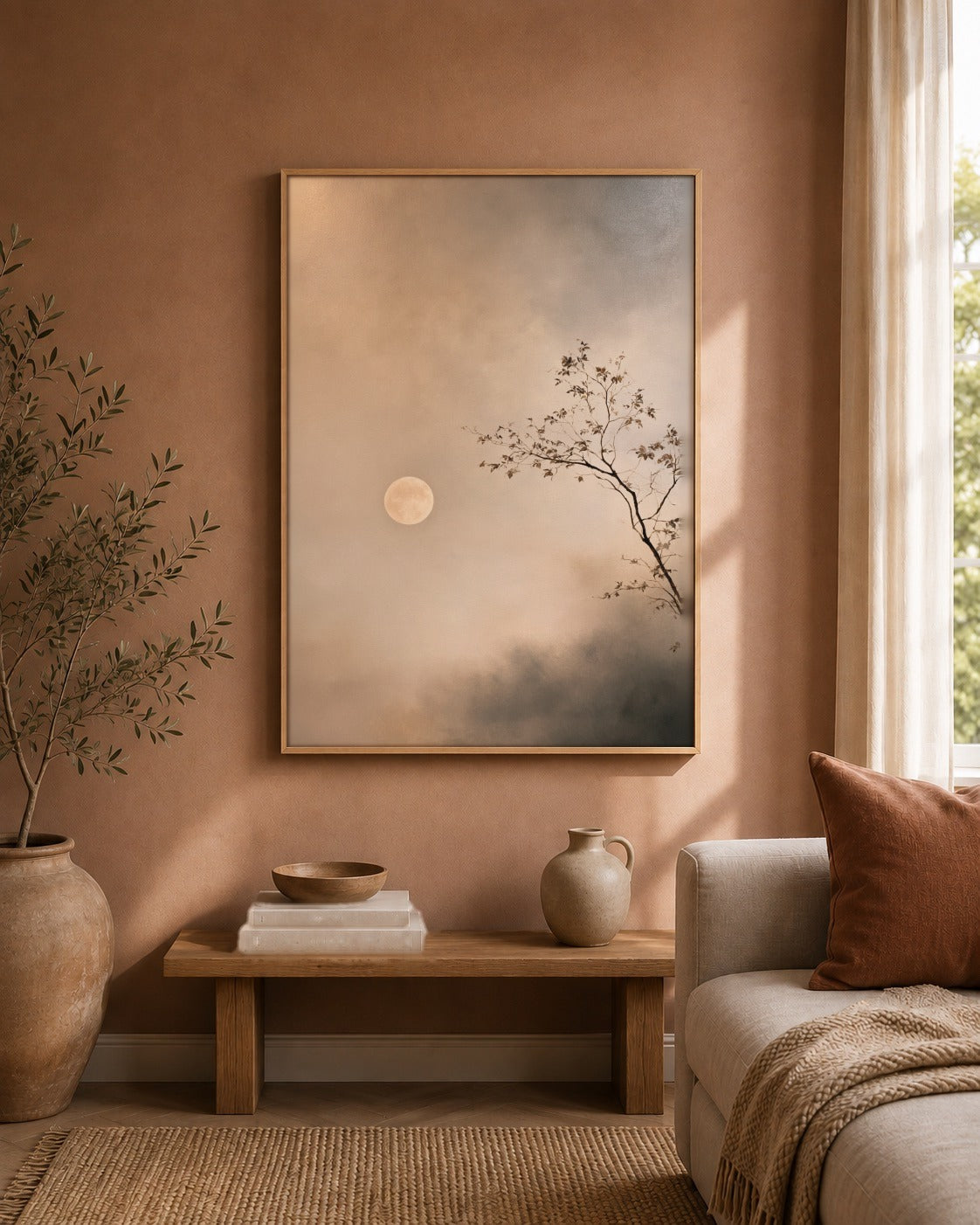Moon Through Mist framed neutral artwork in a styled room